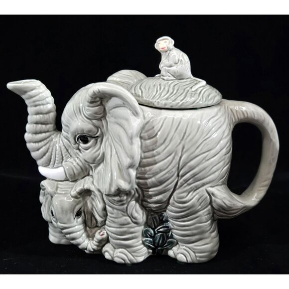 Elephant-Themed Ceramic Teapot With Monkey Lid In Glossy Gray Finish - Picture 1 of 10